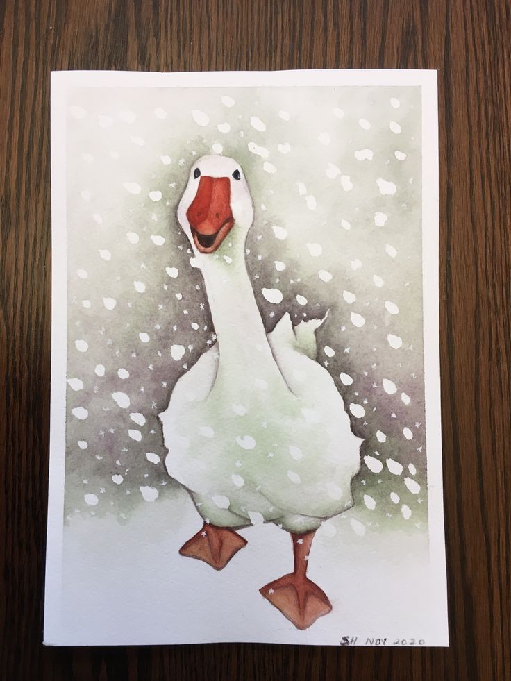 a watercolor painting of a duck on a wooden table with snow falling down the background