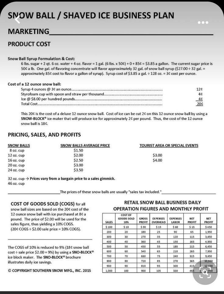 the snowball / shaved ice business plan is shown in black and white, as well as