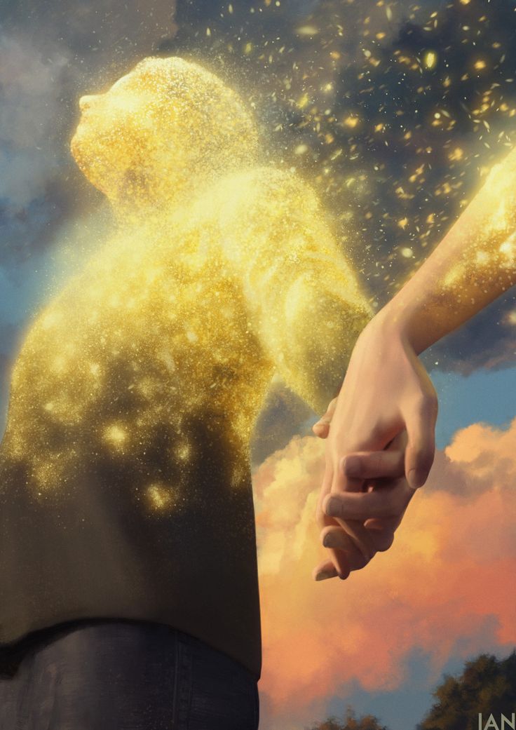 a person holding the hand of another person in front of a sky filled with stars