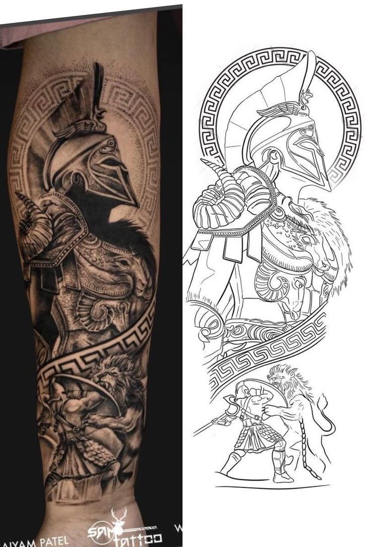 an arm with some tattoos on it and another tattoo design in black and grey colors