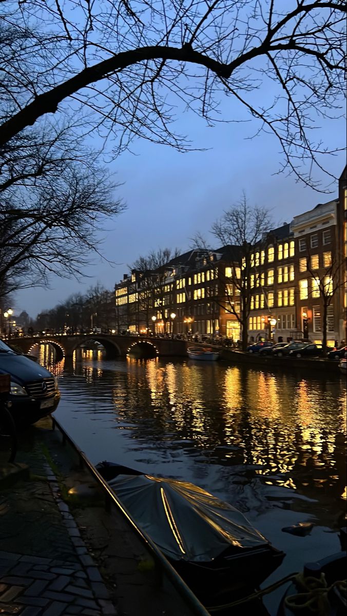 boats are parked along the side of a canal at night