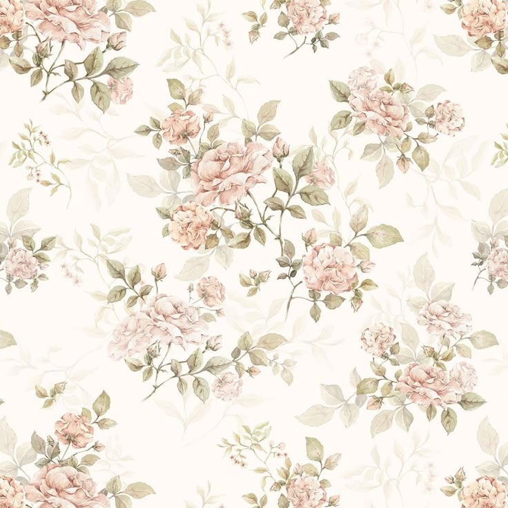 a floral wallpaper with pink flowers and green leaves