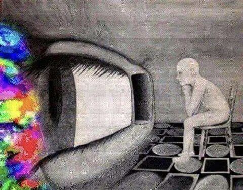 a drawing of a person sitting on top of a tv set with an eye looking at it