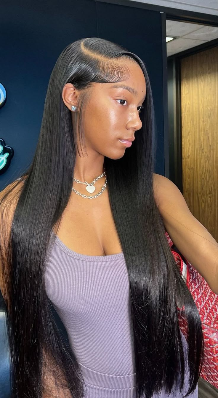 Straight Deep Side Part Wig, 34 Inch Side Part Wig, Edges Hairstyles Wigs, Side Part With Layers Straight Hair, Straight Wig Layers, Side Part Wig Straight Hair, Straight Wig Install Hairstyles, Side Part Layers Straight Hair, Layered Wig Side Part