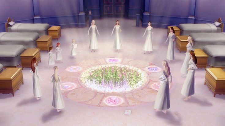 a group of women in white dresses standing around a circle