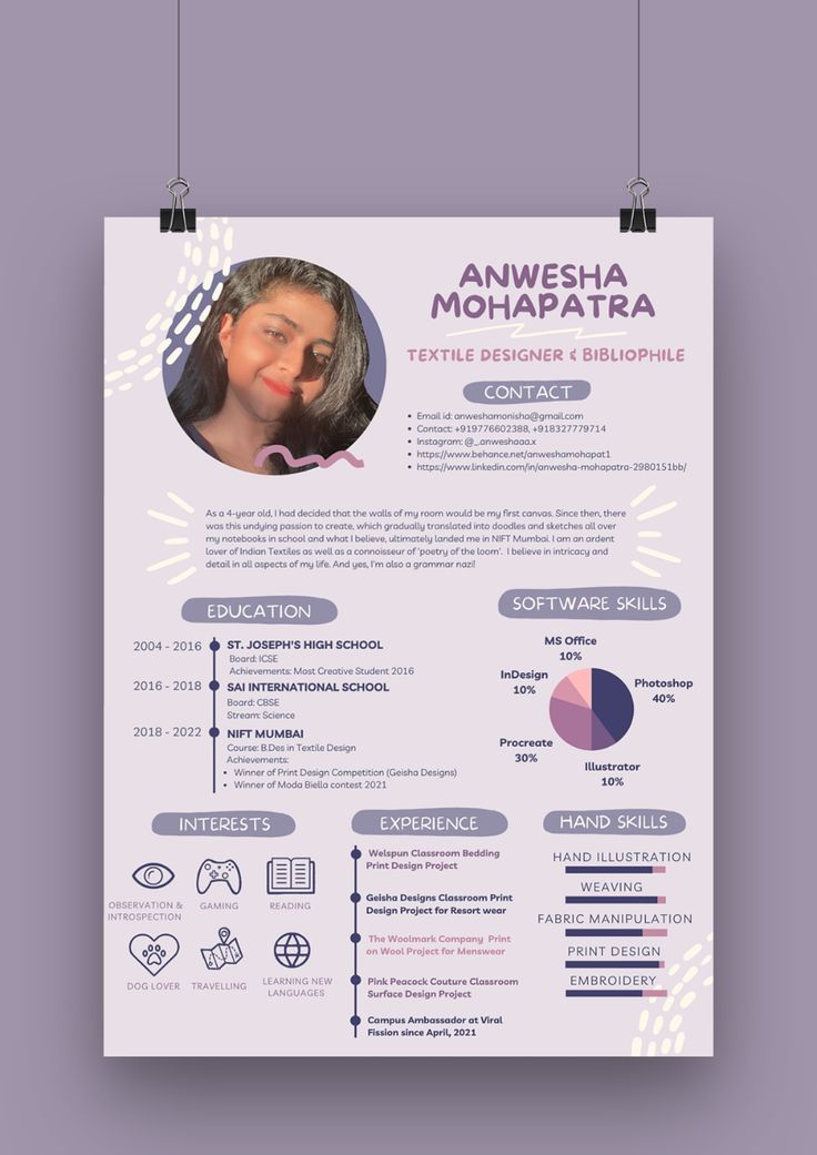 a purple and white resume with an image of a woman's face on it