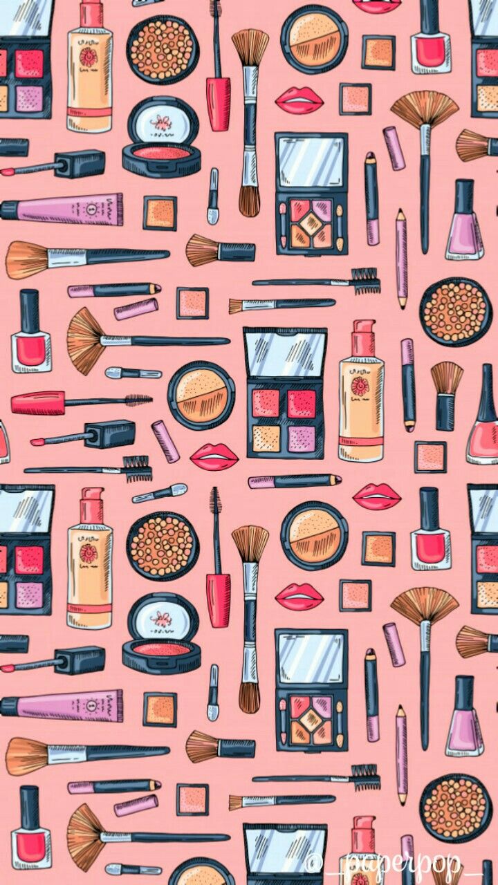 a pink background with many different types of cosmetics and makeup products on it's surface