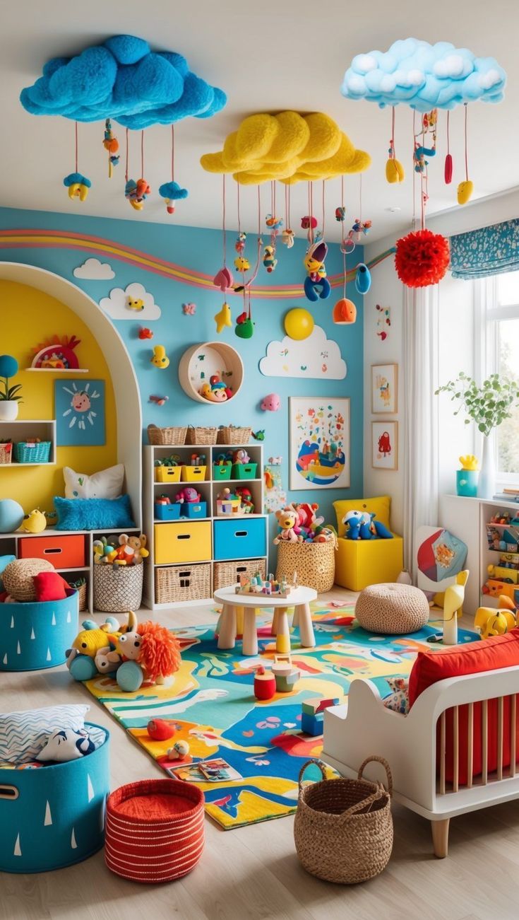 a child's room decorated in blue, yellow and red with clouds hanging from the ceiling