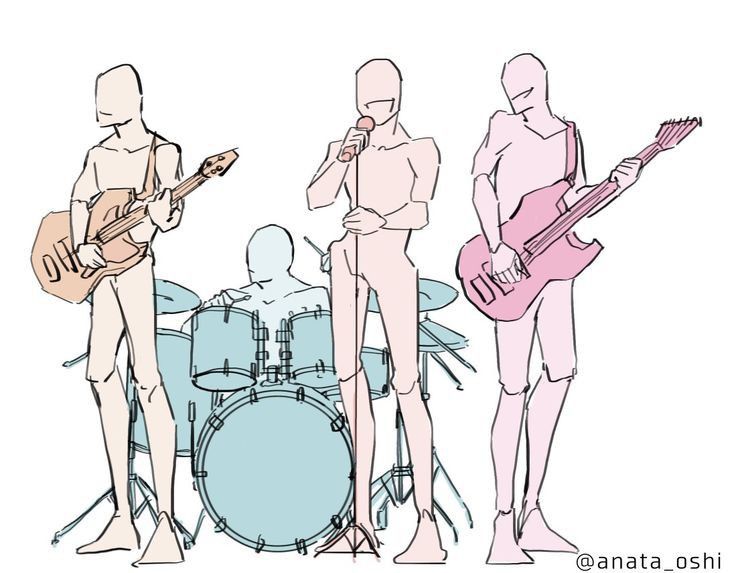 three mannequins are playing guitars and drums