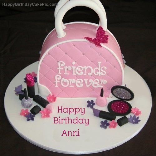 a birthday cake that is shaped like a purse and has the words friends forever written on it