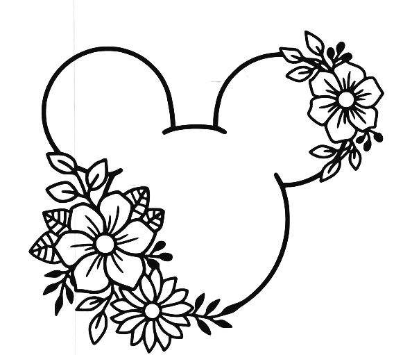 mickey mouse head with flowers and leaves on the side, in black and white ink