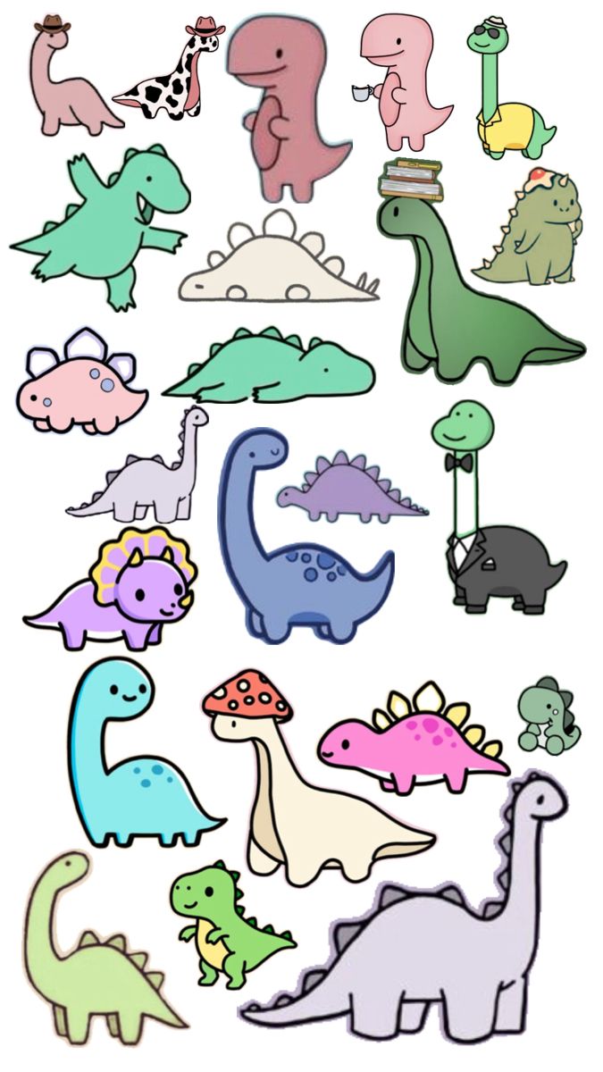 a bunch of different types of dinosaurs on a white background