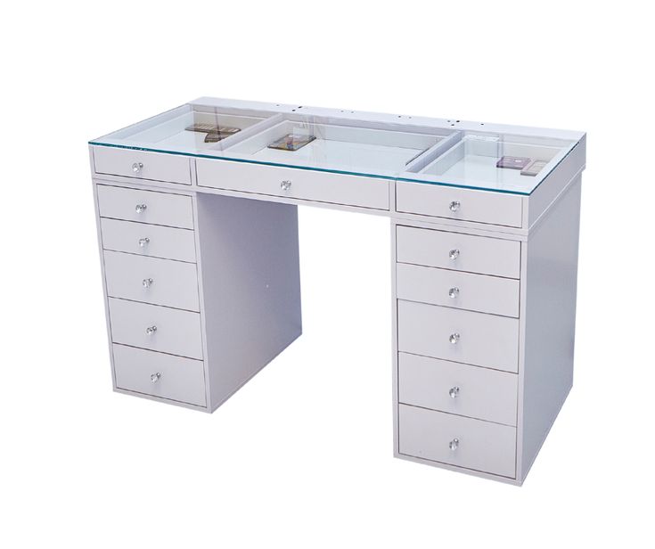 a white desk with drawers and two sinks on it's sides, against a white background