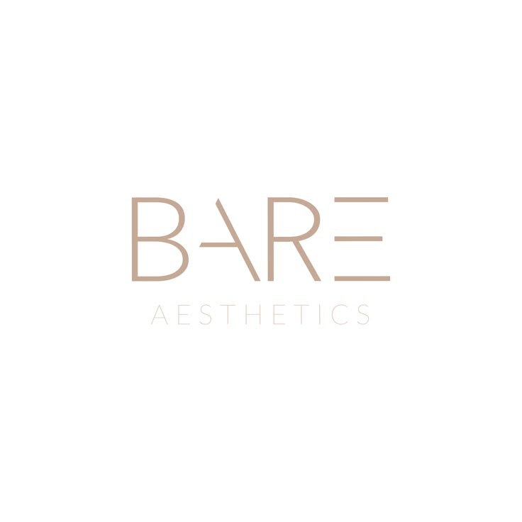 the logo for bare aesthetics is shown on a white background with brown letters and an outline