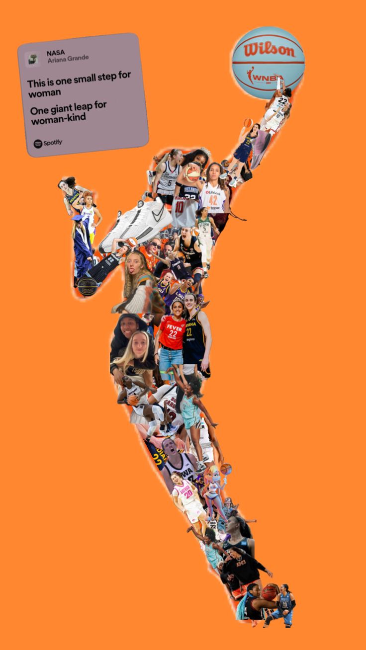 a collage of people in the shape of a basketball player with an orange background