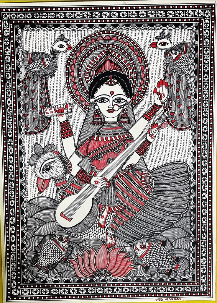 Madhubani Background Design, Original Madhubani Paintings, Saraswati Madhubani Painting, Sarswati Maa, Madhubani Drawing, Embroidery Hoop Art Tutorial, Ma Saraswati, Madhubani Motifs, Indian Art Forms