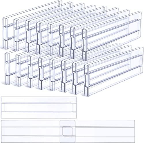 six clear plastic drawers with dividers on each side and four different sections in the middle