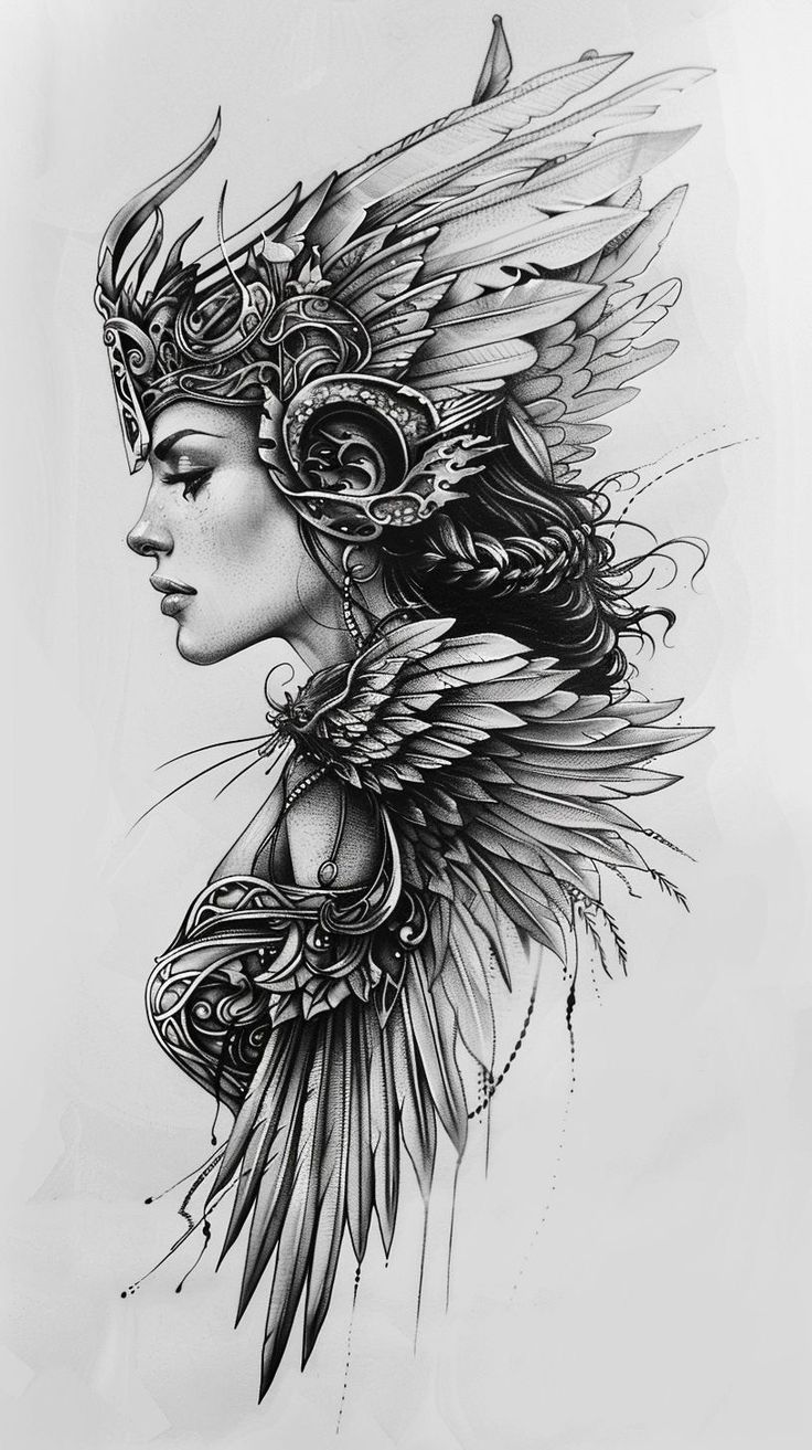 a black and white drawing of a woman with wings on her head, in profile