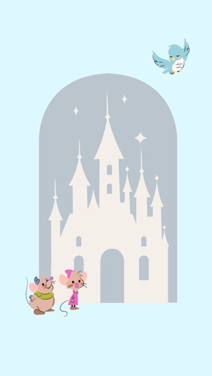 an image of two mice in front of a castle with a bird flying over it