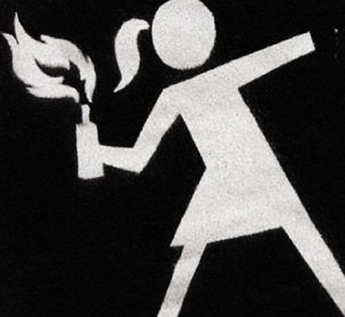 a black and white drawing of a person holding a fire extinguisher