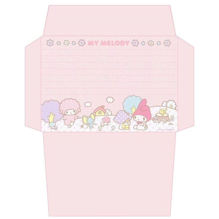 a pink envelope with hello kitty and other animals on the inside, in front of a white