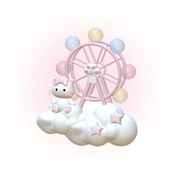 a pink ferris wheel with a hello kitty sitting on it's cloud in the sky