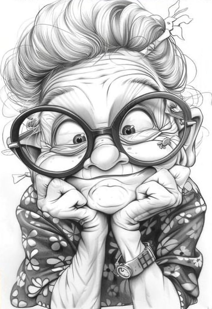 a drawing of an old woman with glasses on her face and hands under her chin