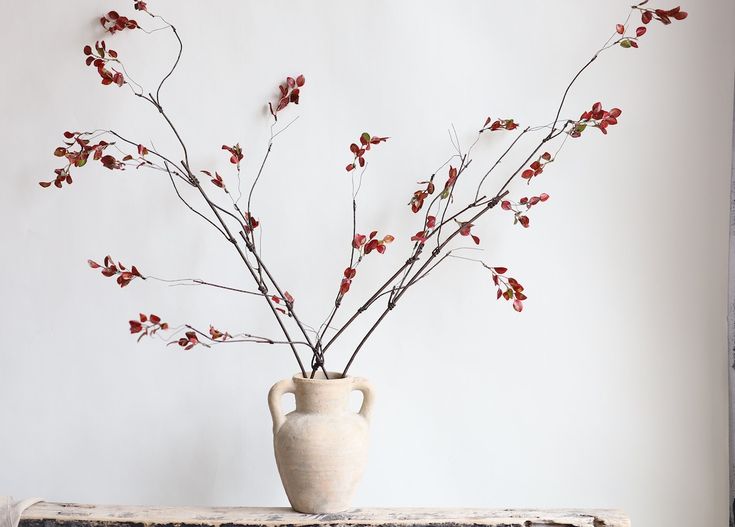 a vase filled with red flowers sitting on top of a wooden table next to a white wall