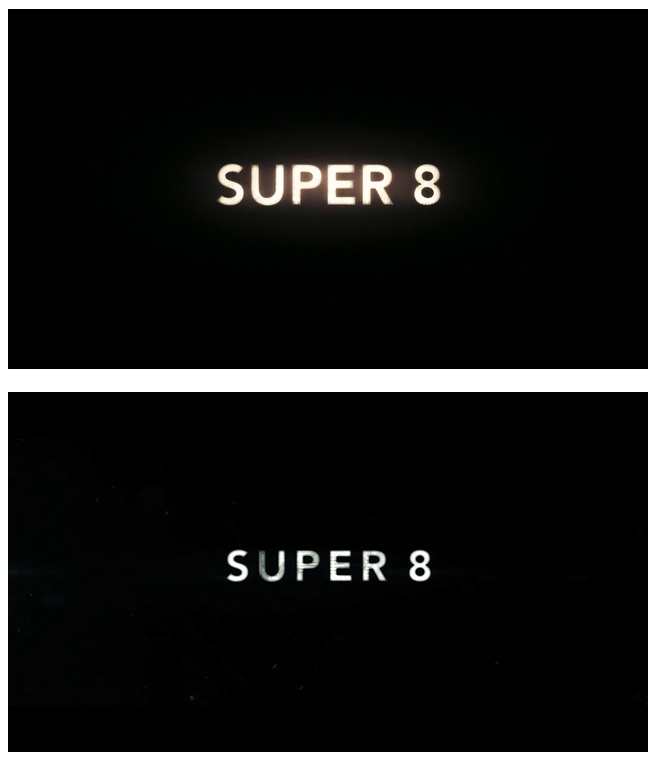 the words super 8 are lit up in the dark, and there is no image to describe