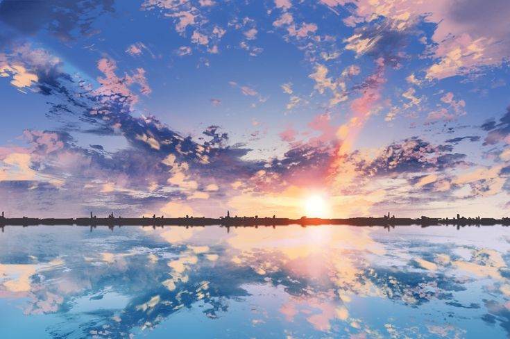 the sky is reflected in the water as the sun sets over the horizon with clouds