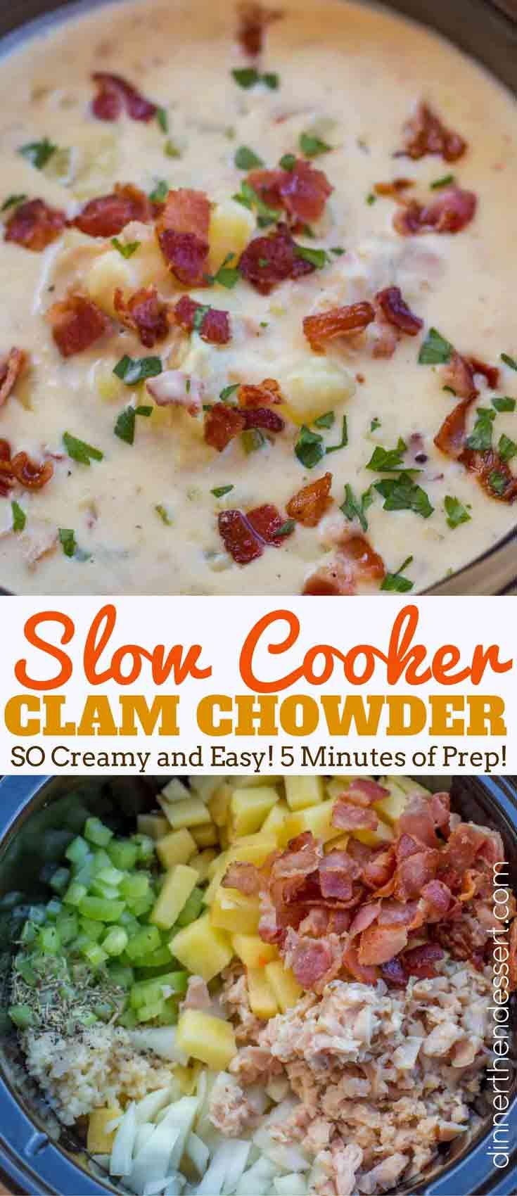 slow cooker glam chowder with bacon, potatoes and celery in it