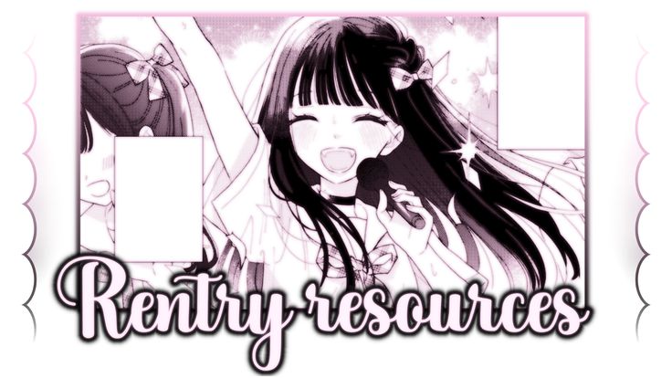 an anime character with long hair and bangs in front of the words, renty resources