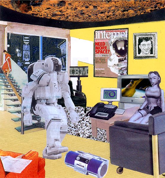 a collage of an astronaut and a woman in a living room with yellow walls