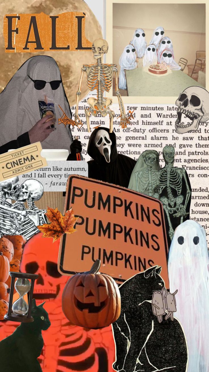 a collage of halloween images including pumpkins, ghostes and skeletons with the words fall written on them