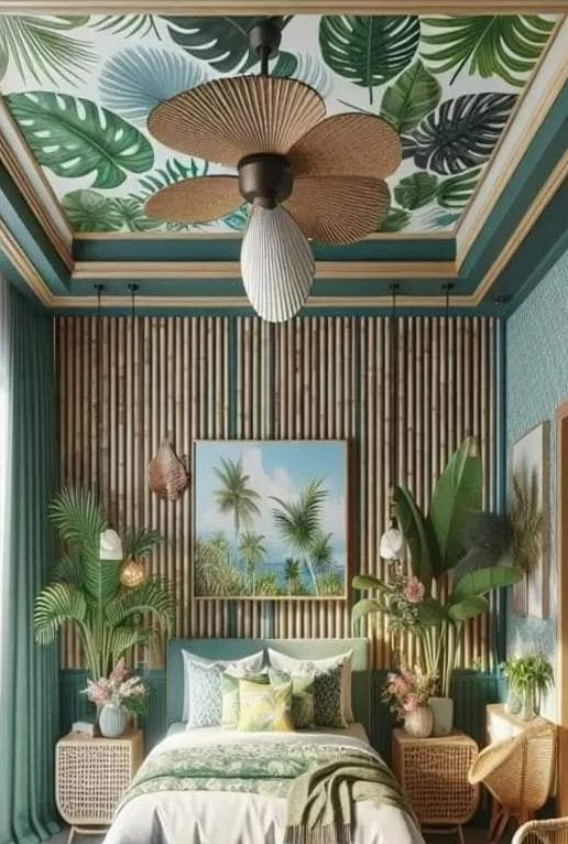 a bedroom with green walls and palm leaves on the ceiling