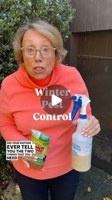 a woman in an orange sweater holding a spray bottle with the words winter pot control on it