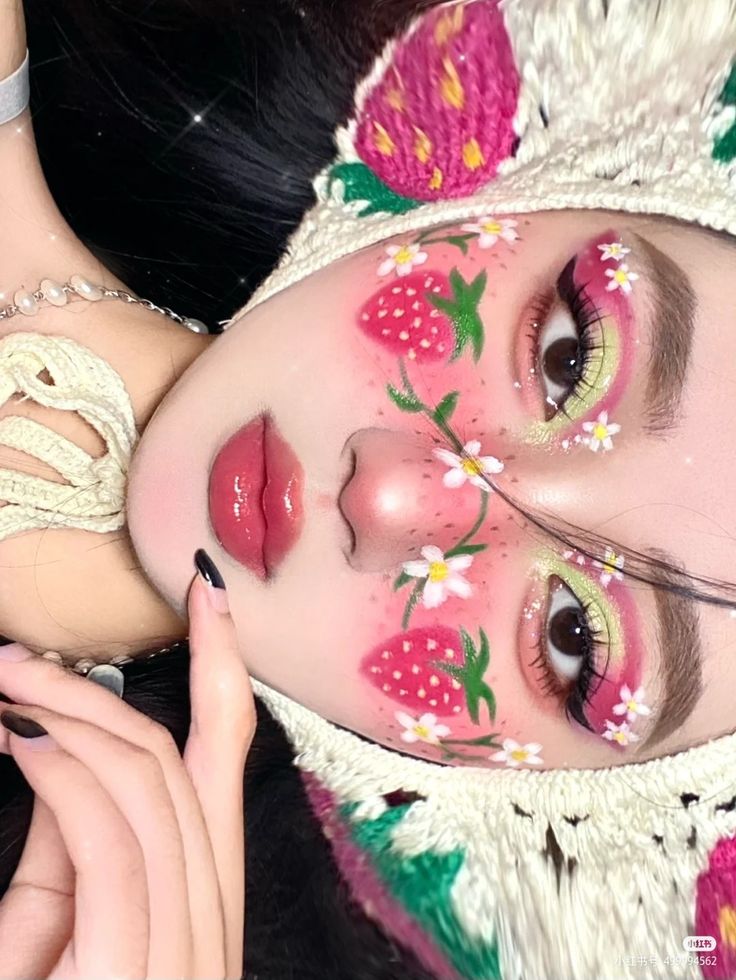 Douyin Valentine Makeup, Makeup Halloween Clown, Face Painting Designs Creative, Strawberry Makeup Look, Scary Halloween Makeup Looks, Jester Makeup, Strawberry Makeup, Heart Face Makeup, Scary Halloween Makeup