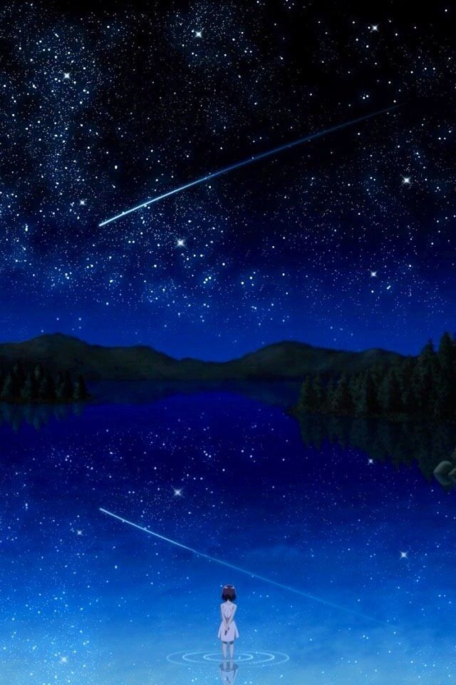 the night sky is reflected in water with stars above it and trees on both sides