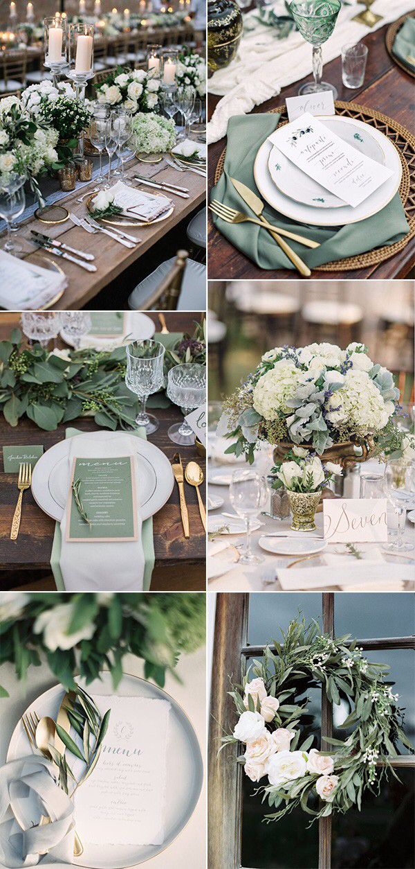 green and white wedding color palettes with greenery, flowers, silverware, napkins