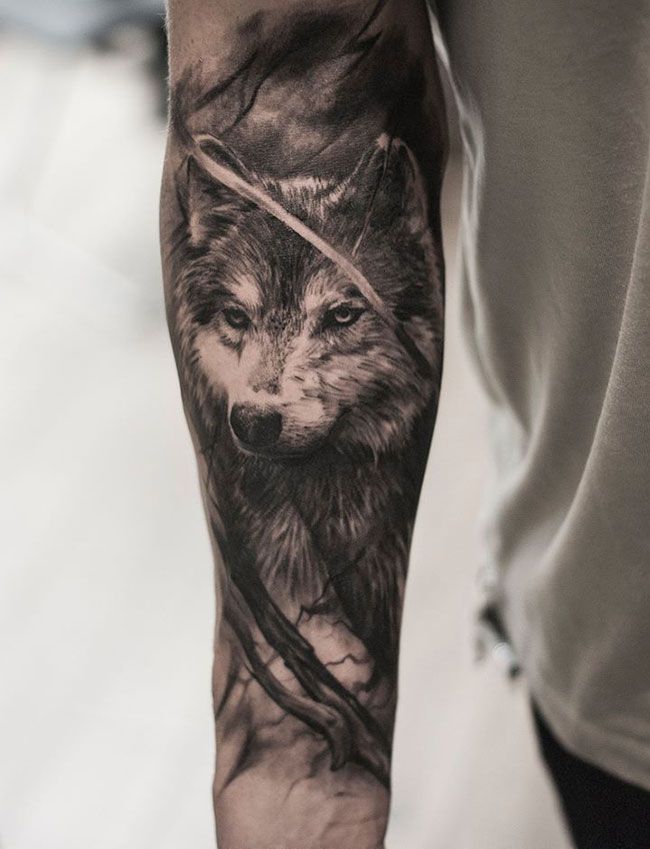 a man's arm with a wolf tattoo on it and an arrow in the middle