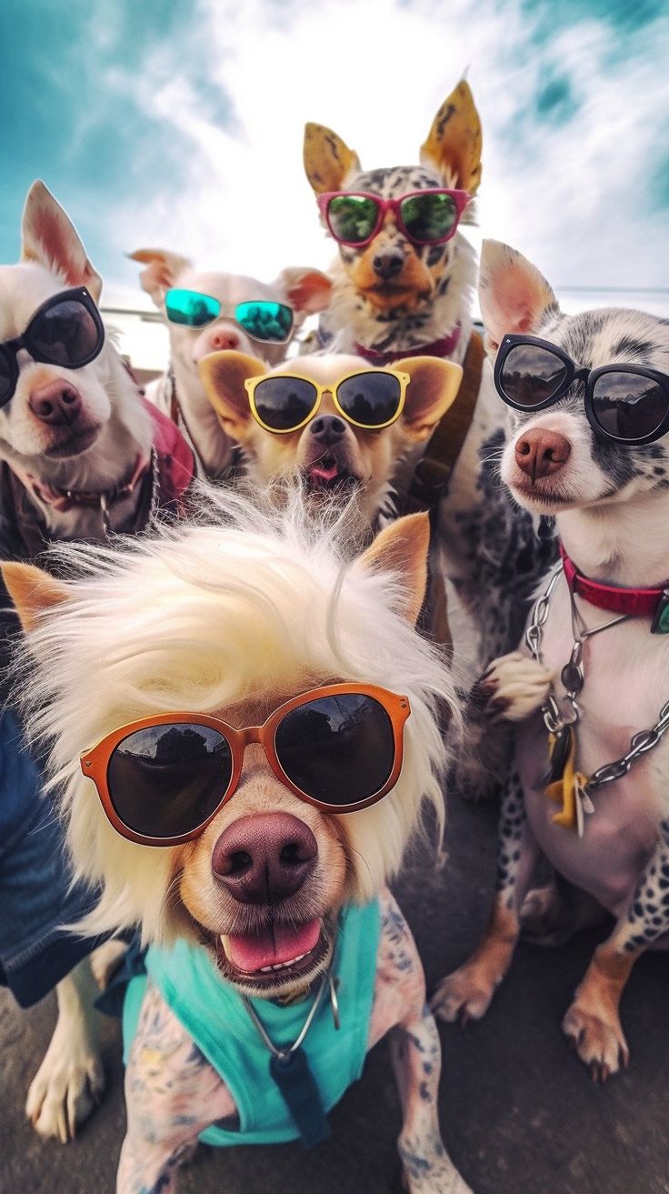 a group of dogs wearing sunglasses and standing next to each other in front of the camera