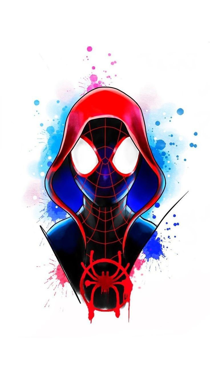 a spider man with red and blue paint splattered on it's face