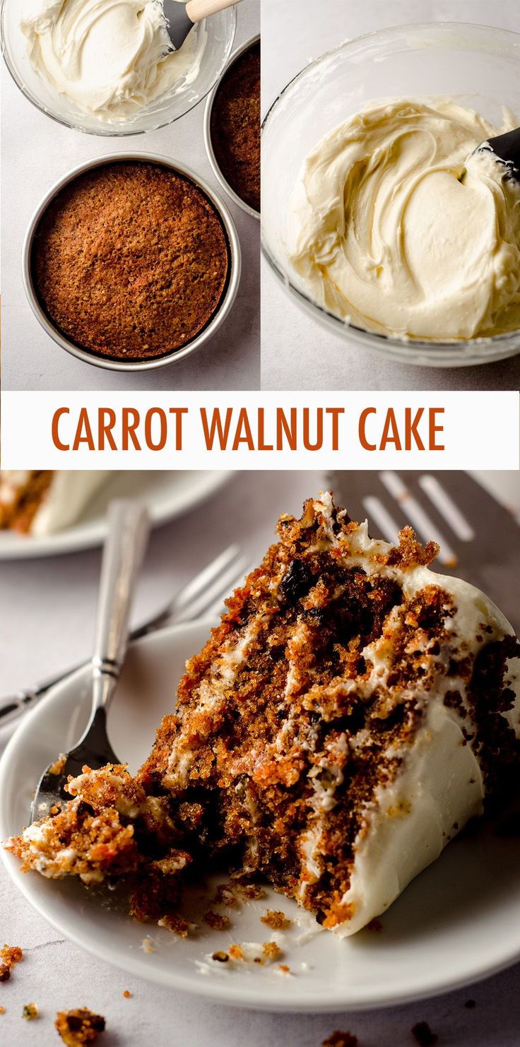 carrot walnut cake with cream cheese frosting on top and in the background, there is a slice missing