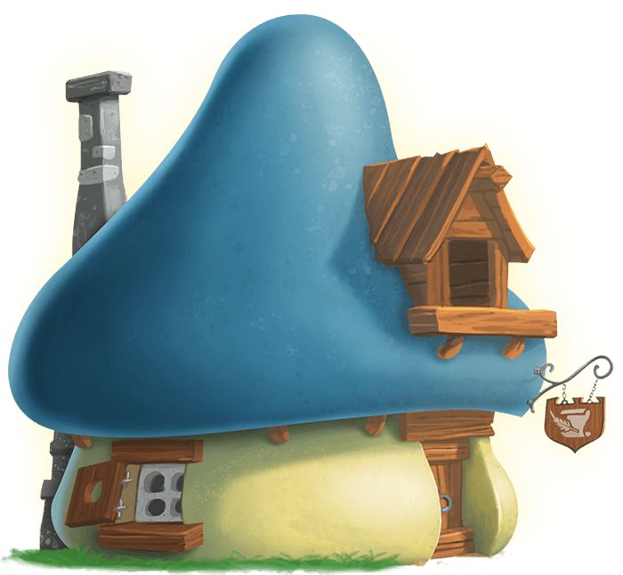 a blue mushroom house with a wooden roof