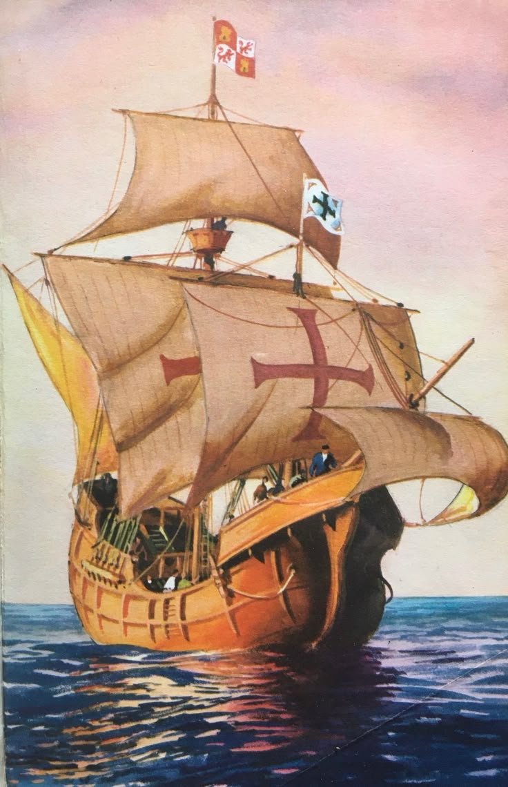 a painting of a ship in the ocean with people on it's sails and flags flying