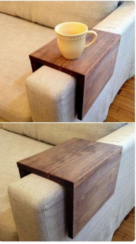 a coffee table with a cup sitting on it's side and another photo of the end