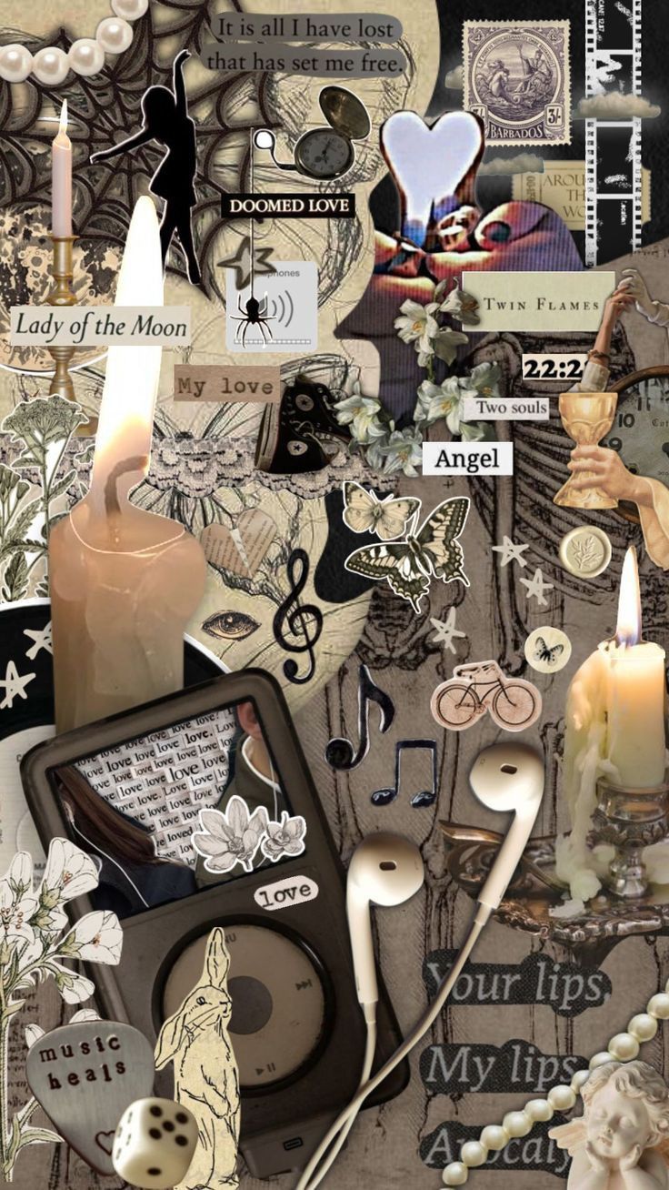 an altered collage with candles, pictures and other items