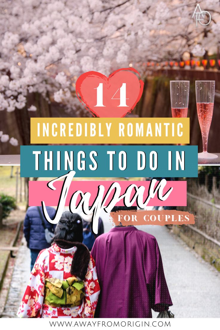 Champagne glasses and cherry blossoms at the top, and a couple in kimono on the bottom of the photo. Tokyo Honeymoon, Romantic Activities, Japan Honeymoon, Activities For Couples, Couples Things To Do, Things To Do In Japan, Best Places To Propose, Honeymoon Tips, Places In Tokyo