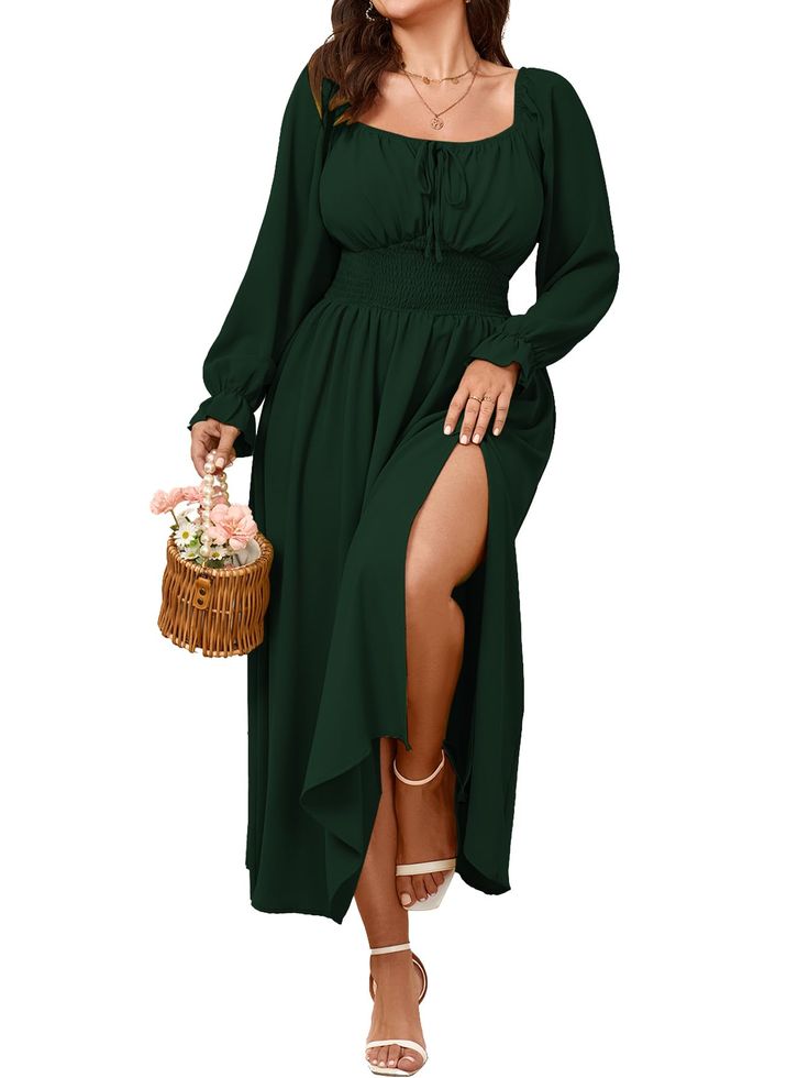 PRICES MAY VARY. Material: Plus Size Dresses For Curvy Women Are Made Of Soft And Breathable Fabric Keeps You Pleasant And Comfortable All Day Feature: Plus Size Maxi Dress/ Boho Dress For Women/ Tie Front Dress/ Plus Size Casual Dress/ Plus Size Long Sleeve Dress/ Long Dress With Smocked/ Off The Shoulder Dresses/ Square Neck Dresses/ Lantern Sleeve/ Elastic Cuff/ Stretch High Waist/ Ruffle A-Line Dress/ Regular Thickness Two Ways To Wear: You Can Wear The Plus Size Dress As A Square Dress Or A Best Dresses For Curvy Women, Plus Size Contemporary Fashion, Semi Formal Wedding Attire Plus Size, Western Dresses Plus Size, Boho Pear Shape Outfits, Cute Dresses Long Sleeve, Plus Size Mom Photo Outfits, Emerald Green Sundress, Long Sleeve Fall Dress Casual