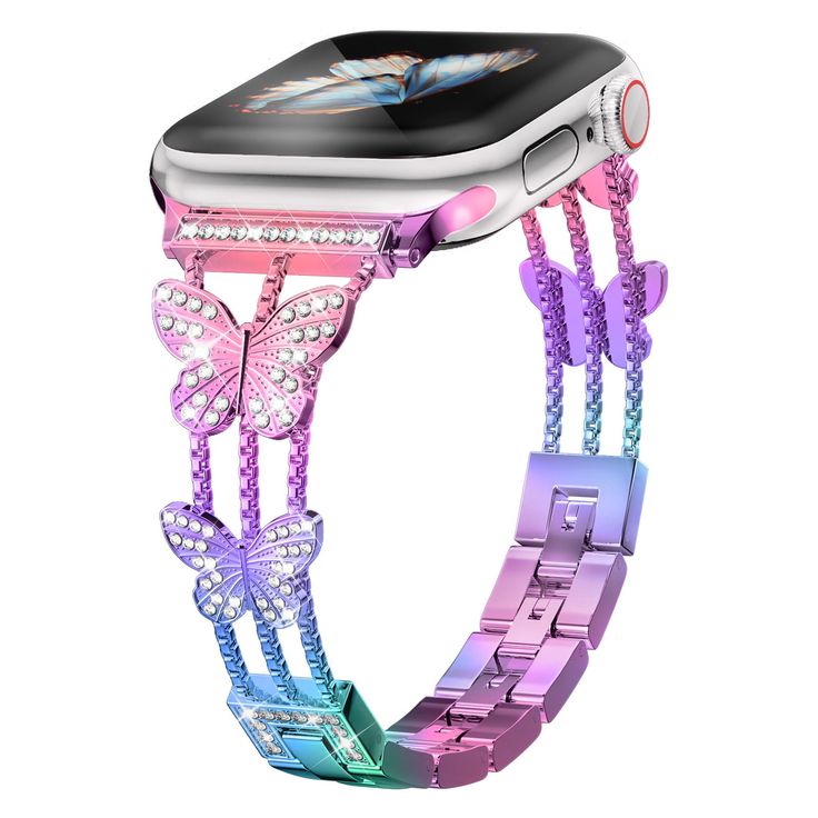 PRICES MAY VARY. This beautiful apple watch strap features a charming butterfly, a big butterfly and a small butterfly. They elegantly hang on the three chains on both sides. Each butterfly is adorned with dazzling diamonds, making it dazzling. This strap is the perfect fashion piece to turn your watch into a fashion accessory. Butterflies symbolize freedom, beauty, elegance, and nobility. Romantic butterflies release their ideals, offer blessings, and receive praise. This diamond apple watch st Butterfly Watch, Apple Watch Series 8, Unique Butterfly, Vintage Apple, High End Watches, Apple Watch 38mm, Metal Straps, Watch Chain, Apple Watch Strap